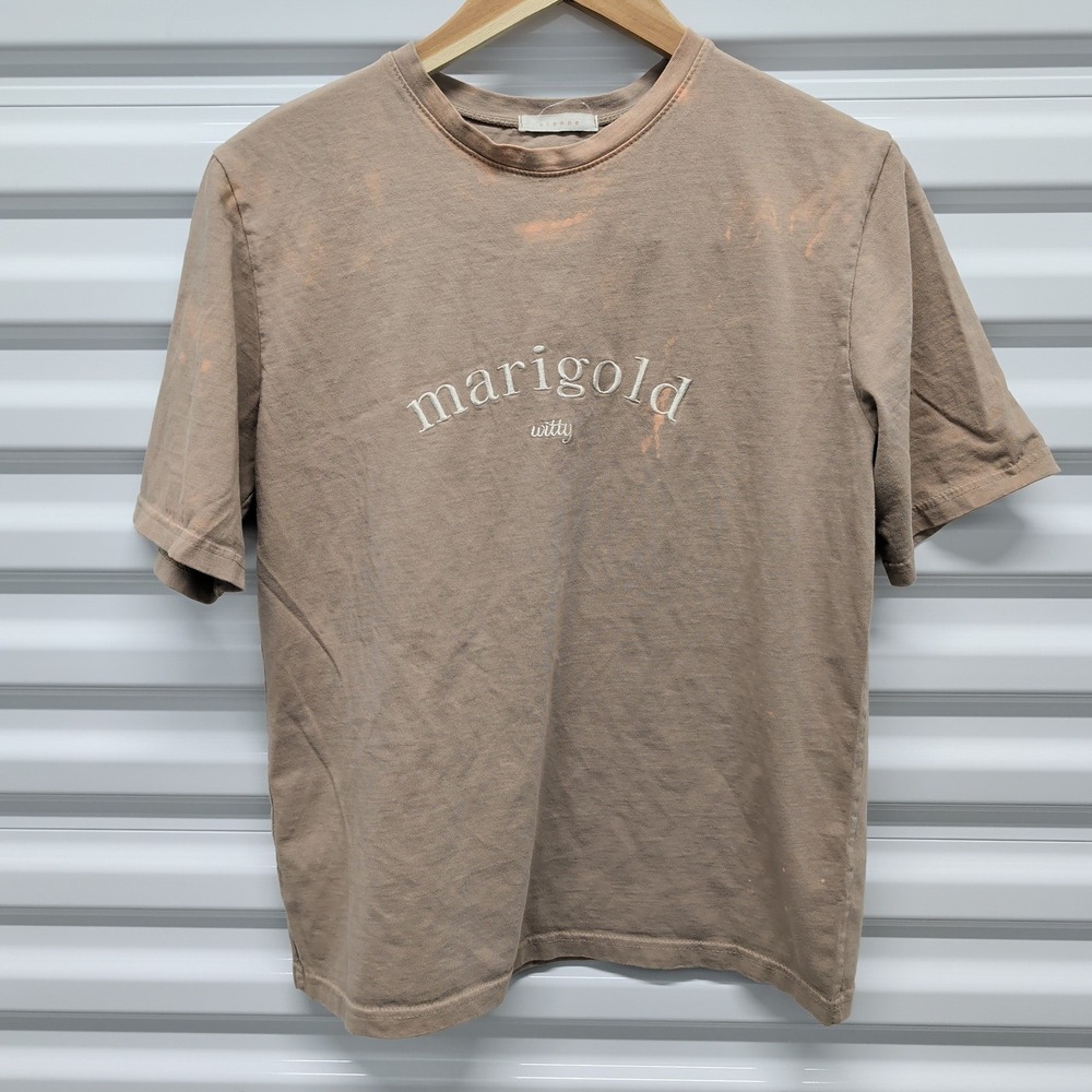 Sienne Marigold Witty T-Shirt Small Womens Brown Embroidered Bleach Wash Tee — photo 2